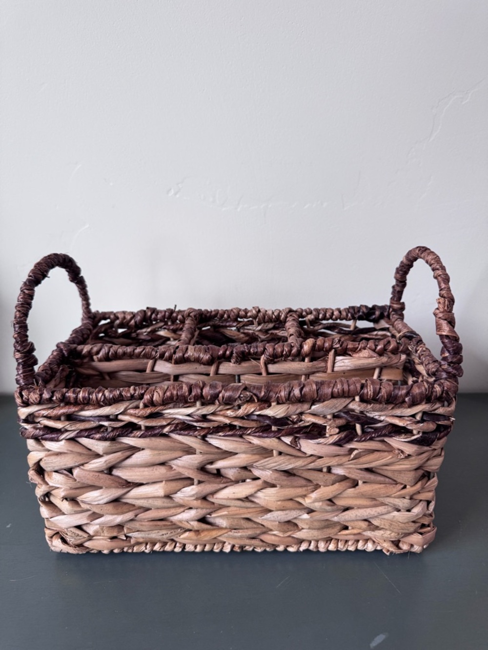 Handwoven Brown Two-Tone Wicker Storage Basket with Handles